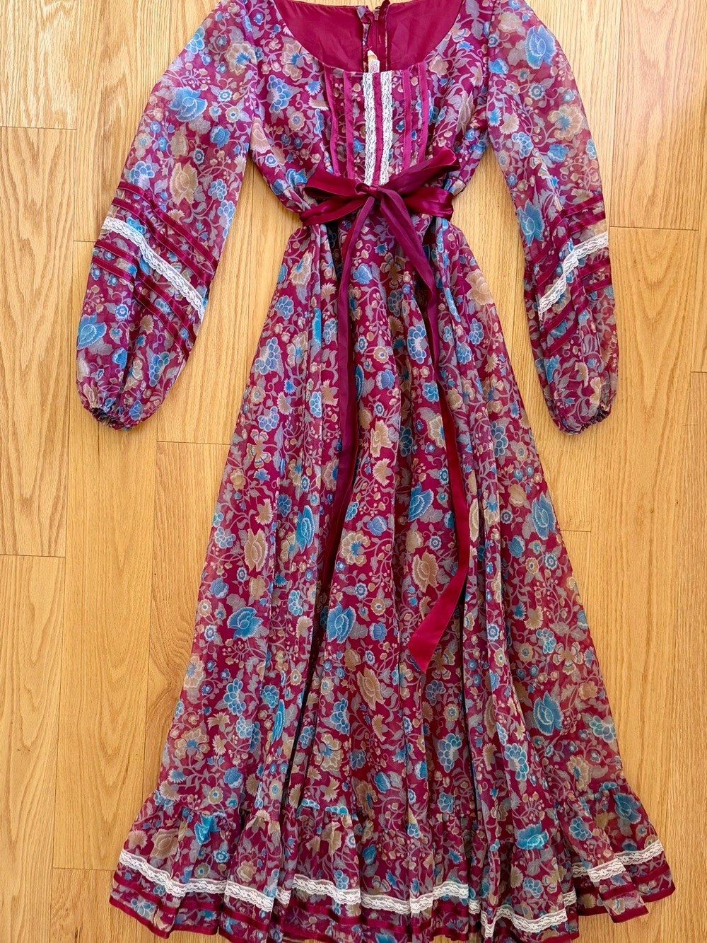 Lorrie Deb Vtg 70s Prairie Maxi Dress Floral Bishop Sleeve Boho S